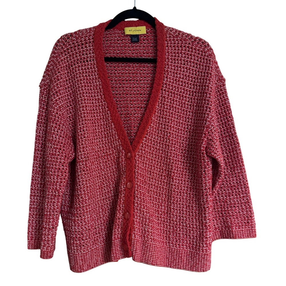 St John Red White Open Knit Wool Blend V-Neck Button Front Cardigan Sweater L